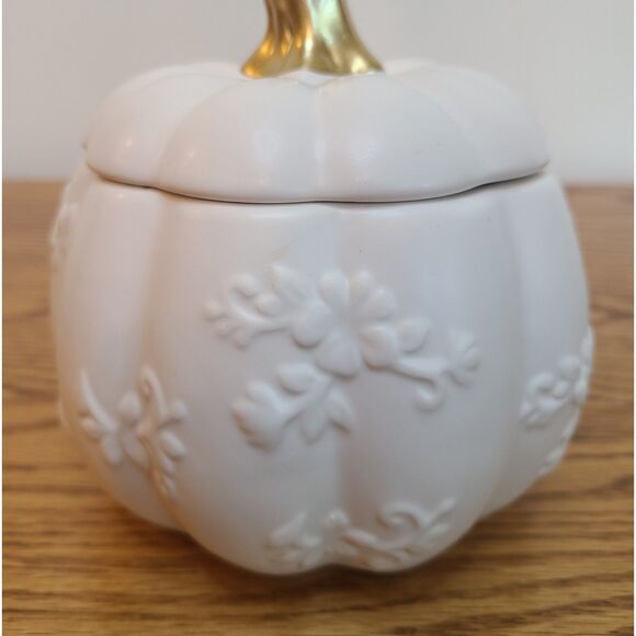 White Ceramic Harvest Pumpkin Container With Lid From 1-800-Flowers Arrangement - Picture 3 of 10